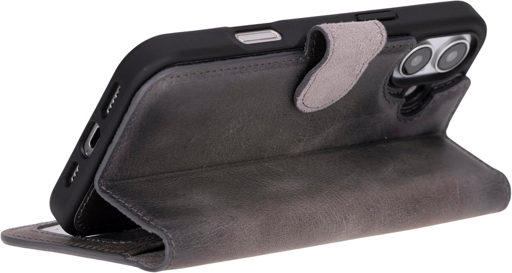Solo Pelle Lederhülle kompatibel für iPhone 16 in 6.1 Zoll abnehmbare Hülle (2in1) inkl. Kartenfächer geeignet für MagSafe Zubehör Steingrau