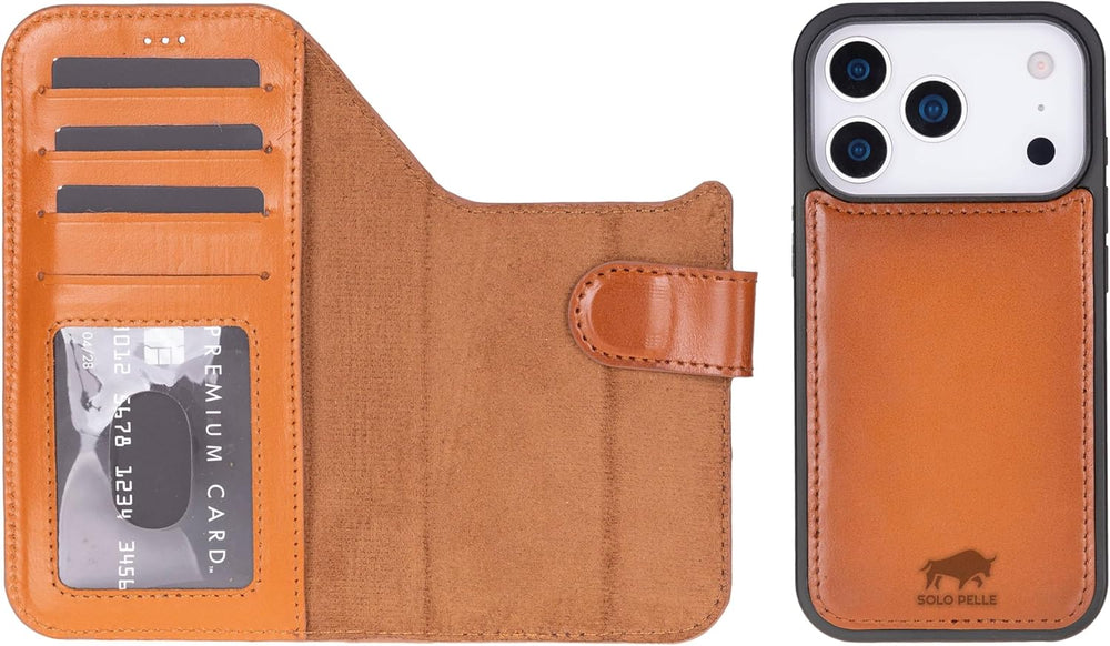 Solo Pelle Cognac Braun Lederhülle kompatibel für iPhone 17 Pro Max in 6.9 Zoll abnehmbare Hülle (2in1) inkl. Kartenfächer geeignet für MagSafe Zubehör