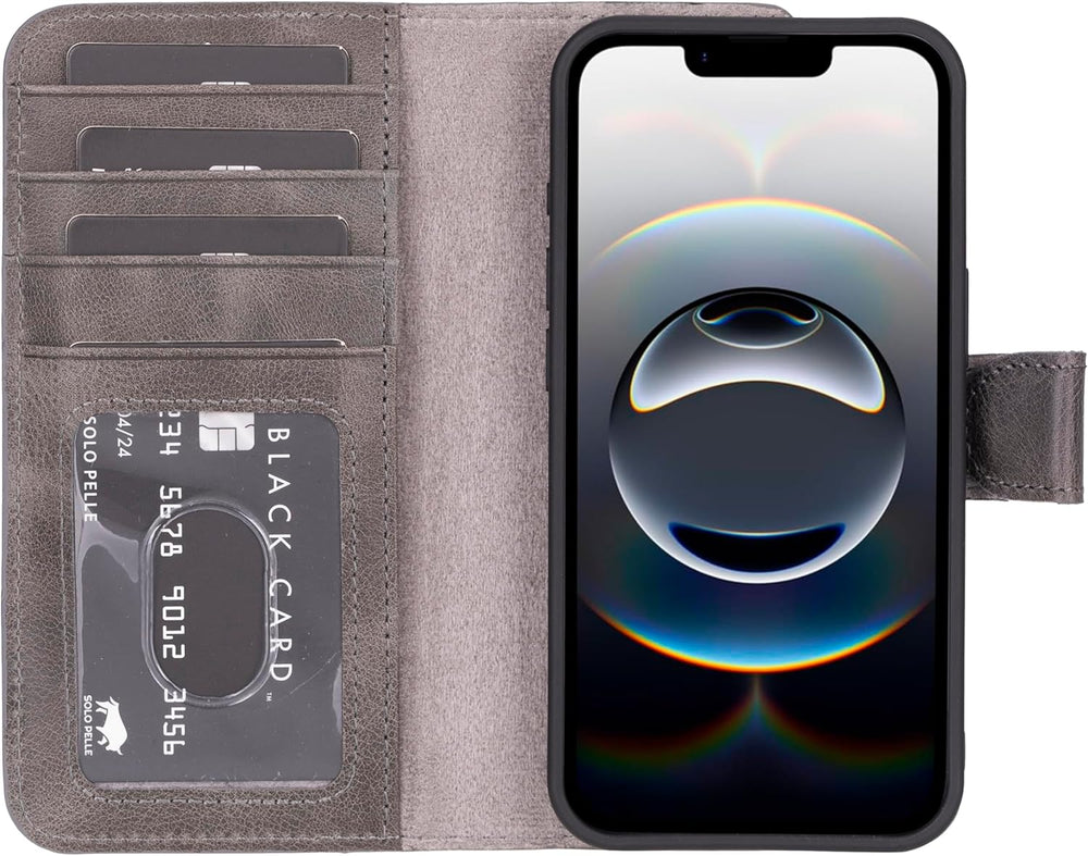 Solo Pelle Lederhülle kompatibel für iPhone 16e in 6.1 Zoll Steingrau abnehmbare Hülle (2in1) inkl. Kartenfächer geeignet für MagSafe Zubehör