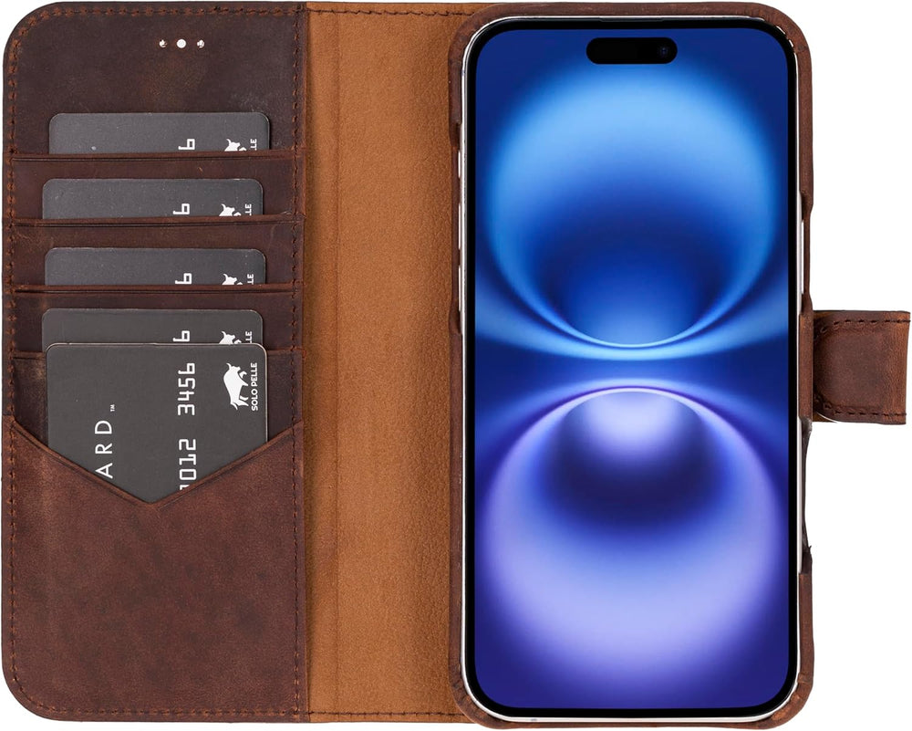 Solo Pelle Lederhülle kompatibel für iPhone 16 Plus in 6.7 Zoll abnehmbare Hülle (2in1) inkl. Kartenfächer geeignet für MagSafe Zubehör Vintage Braun