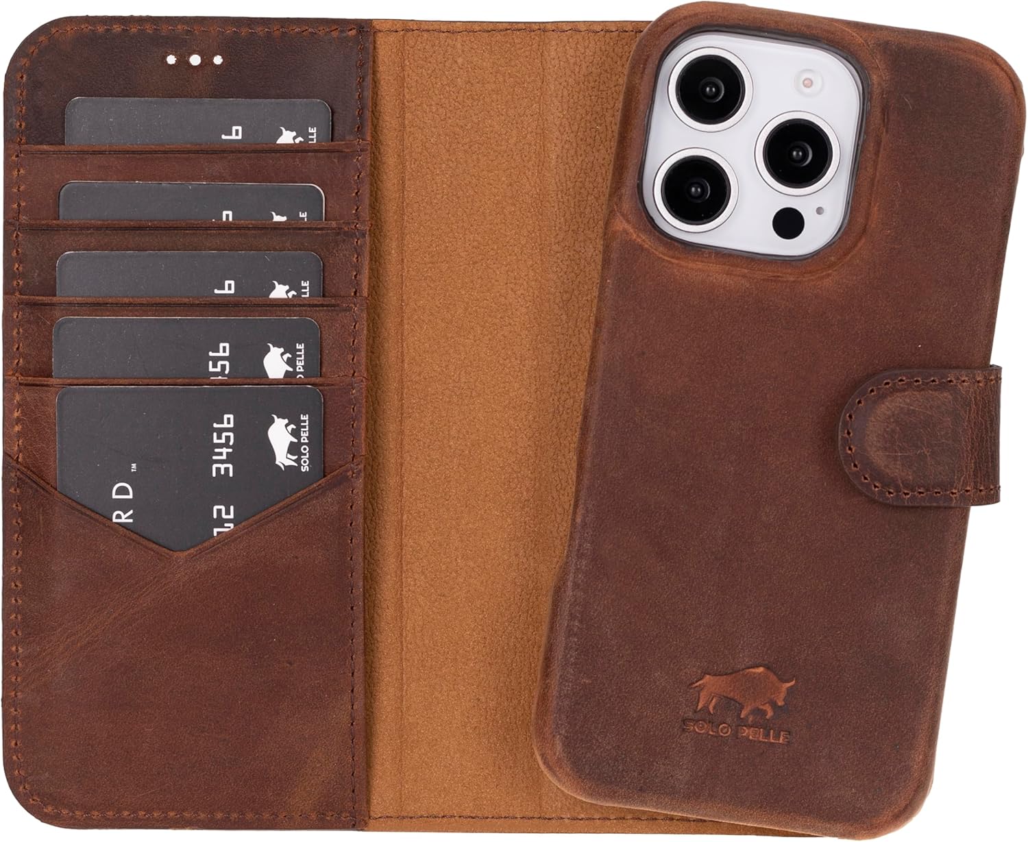 Solo Pelle Lederhülle kompatibel für iPhone 16 Pro in 6.3 Zoll abnehmbare Hülle (2in1) inkl. Kartenfächer geeignet für MagSafe Zubehör Vintage Braun Lifestyle