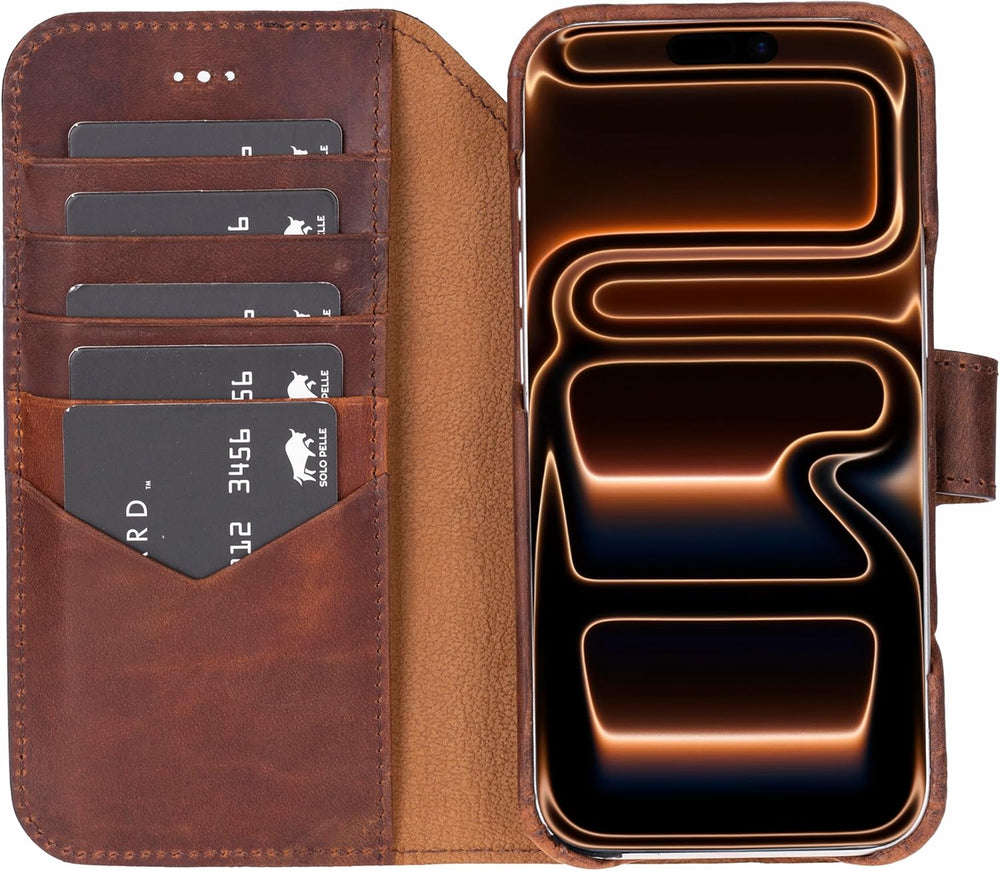 Solo Pelle Vintage Braun Lederhülle kompatibel für iPhone 17 Pro Max in 6.9 Zoll abnehmbare Hülle (2in1) inkl. Kartenfächer geeignet für MagSafe Zubehör