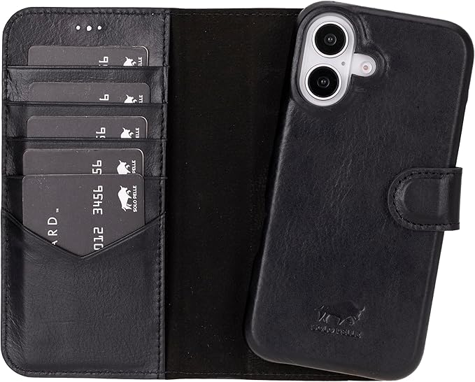 Solo Pelle Lederhülle kompatibel für iPhone 16 in 6.1 Zoll abnehmbare Hülle (2in1) inkl. Kartenfächer geeignet für MagSafe Zubehör Schwarz Lifestyle