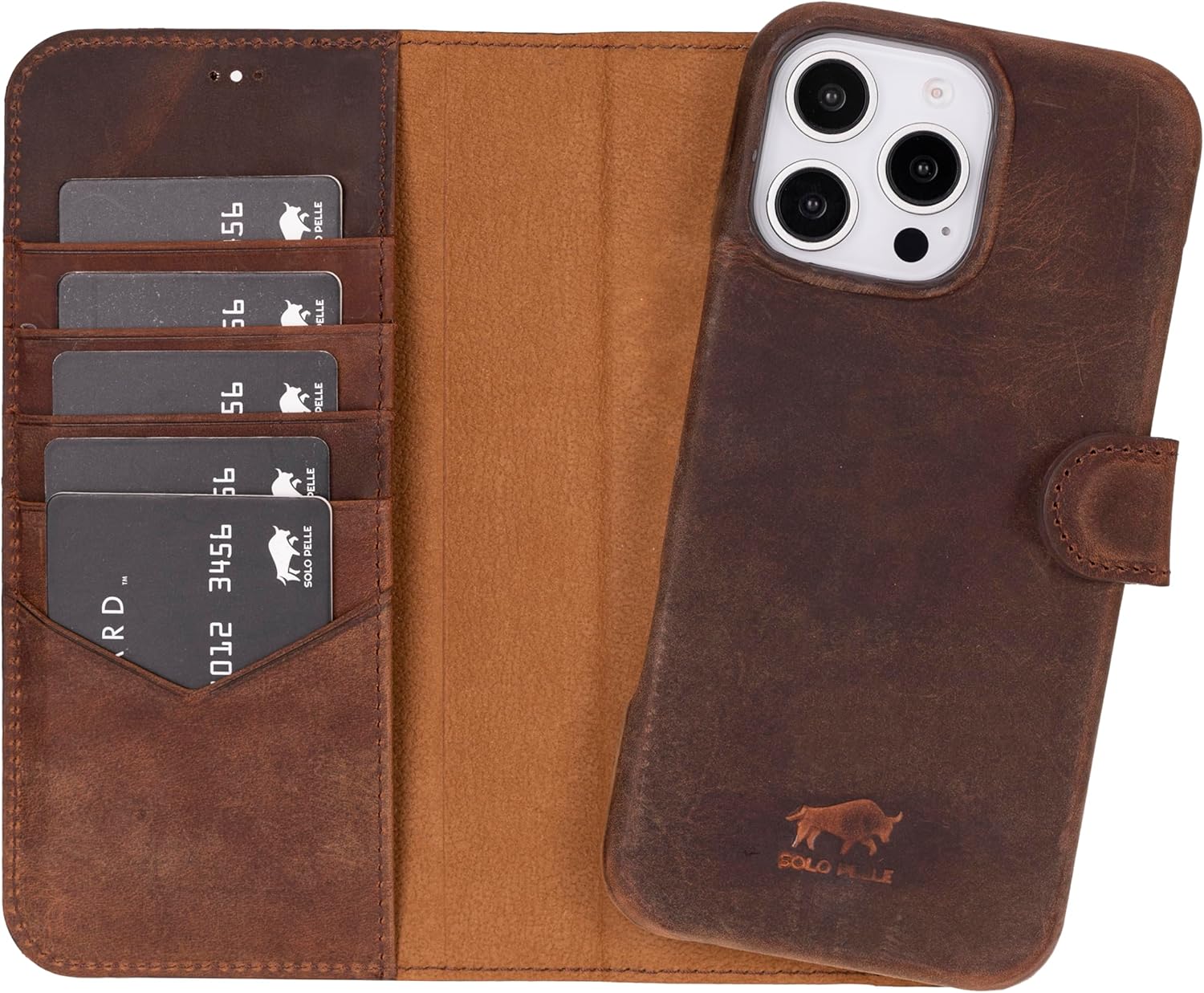 Solo Pelle Lederhülle kompatibel für iPhone 16 Pro Max in 6.9 Zoll abnehmbare Hülle (2in1) inkl. Kartenfächer geeignet für MagSafe Zubehör Vintage Braun Lifestyle