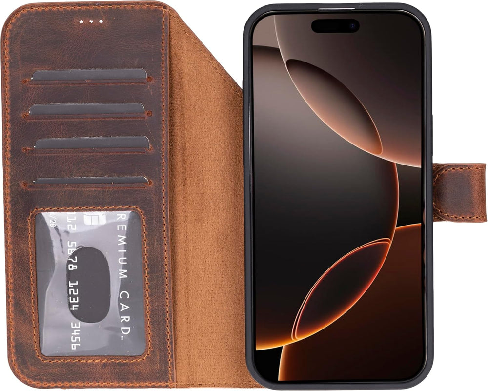 Solo Pelle Vintage Braun Lederhülle kompatibel für iPhone 17 Pro Max in 6.9 Zoll abnehmbare Hülle (2in1) inkl. Kartenfächer geeignet für MagSafe Zubehör