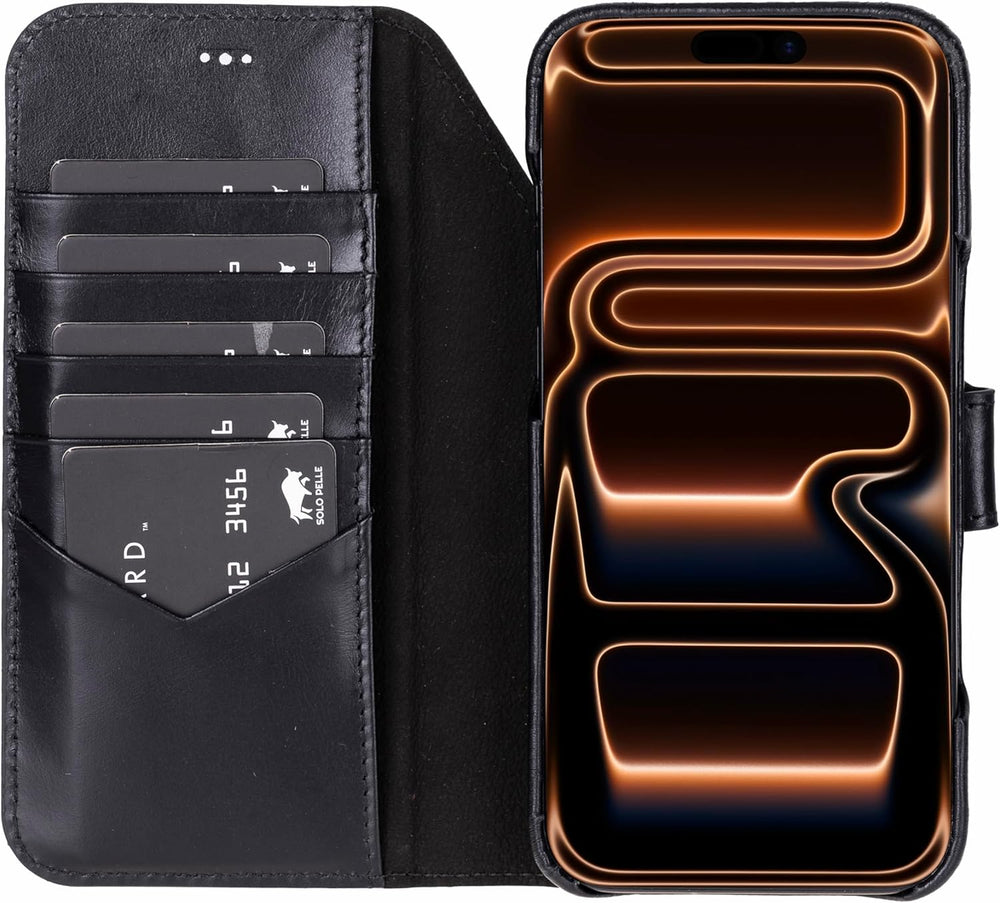 Solo Pelle Schwarz Lederhülle kompatibel für iPhone 17 Pro Max in 6.9 Zoll abnehmbare Hülle (2in1) inkl. Kartenfächer geeignet für MagSafe Zubehör
