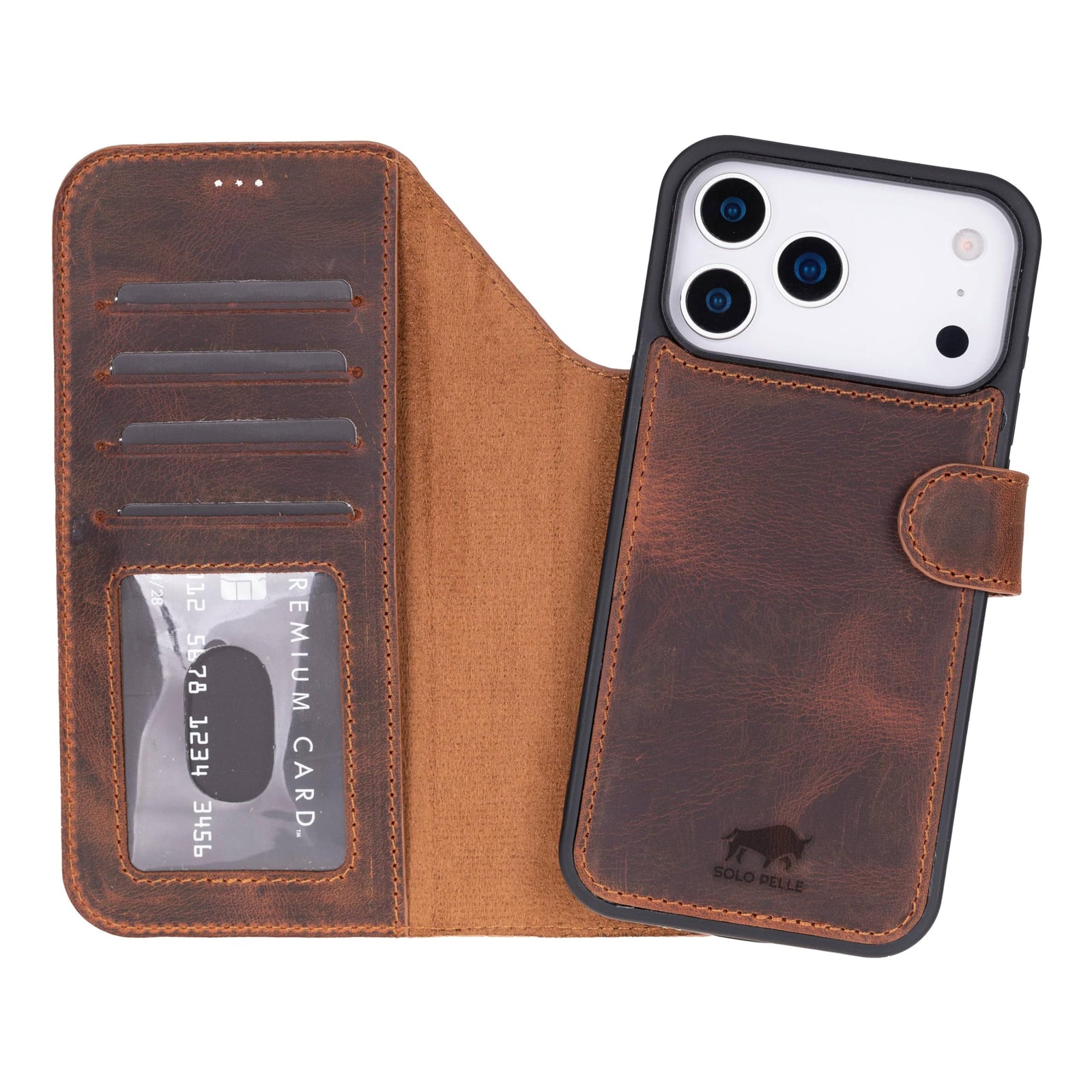 Solo Pelle Vintage Braun Lederhülle kompatibel für iPhone 17 Pro Max in 6.9 Zoll abnehmbare Hülle (2in1) inkl. Kartenfächer geeignet für MagSafe Zubehör Lifestyle