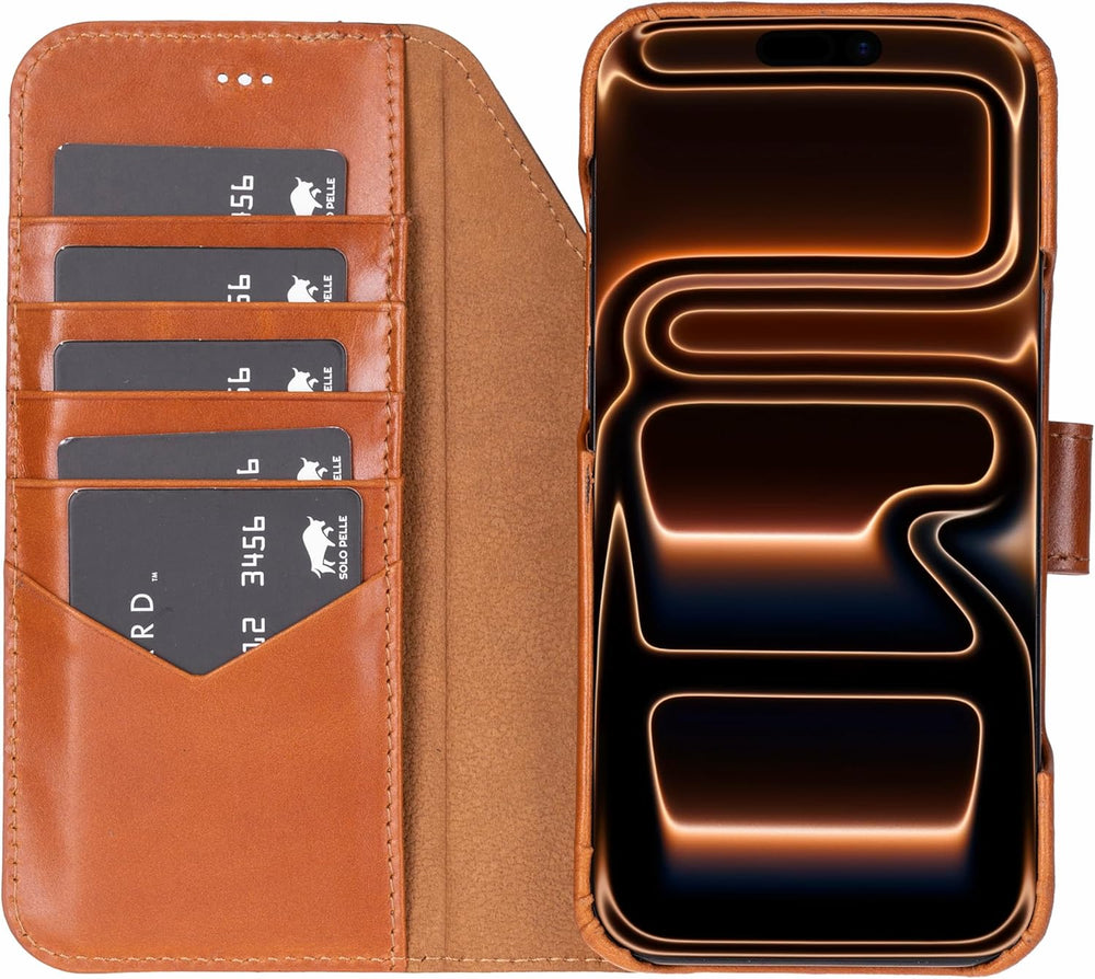 Solo Pelle Cognac Braun Lederhülle kompatibel für iPhone 17 Pro Max in 6.9 Zoll abnehmbare Hülle (2in1) inkl. Kartenfächer geeignet für MagSafe Zubehör