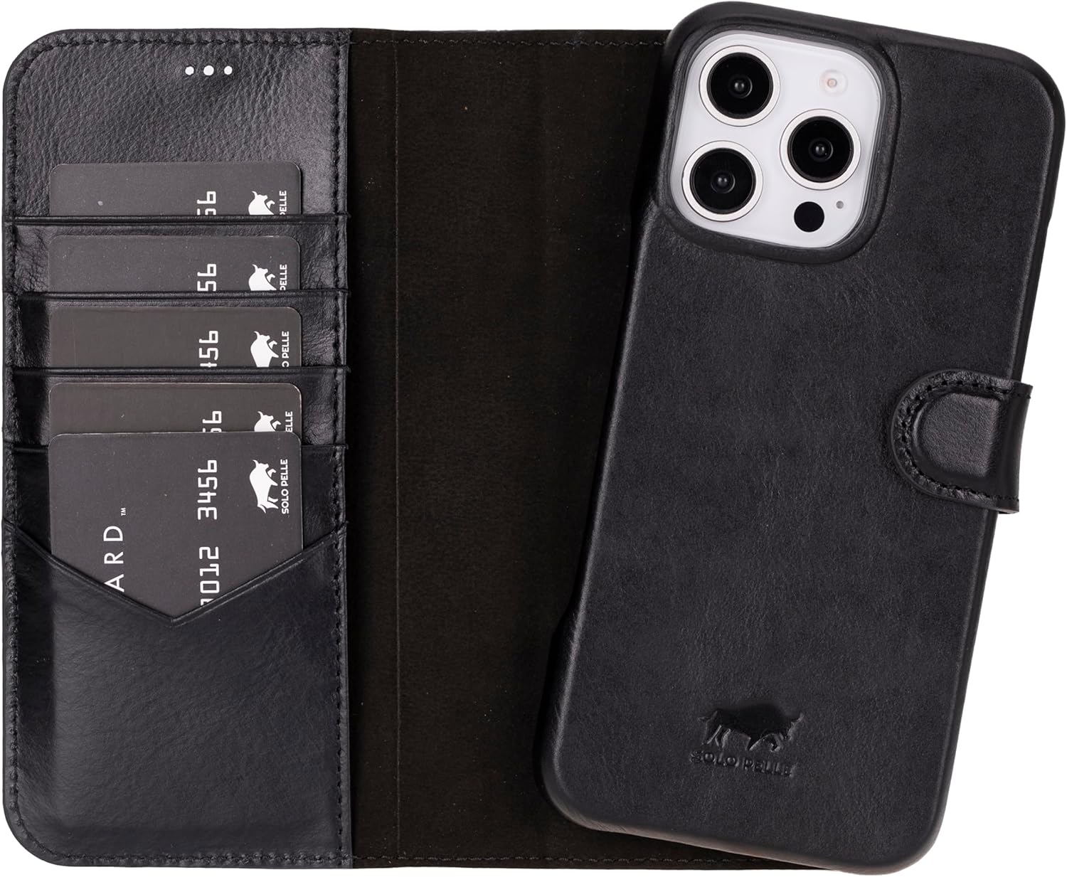 Solo Pelle Lederhülle kompatibel für iPhone 16 Pro Max in 6.9 Zoll abnehmbare Hülle (2in1) inkl. Kartenfächer geeignet für MagSafe Zubehör Schwarz Lifestyle