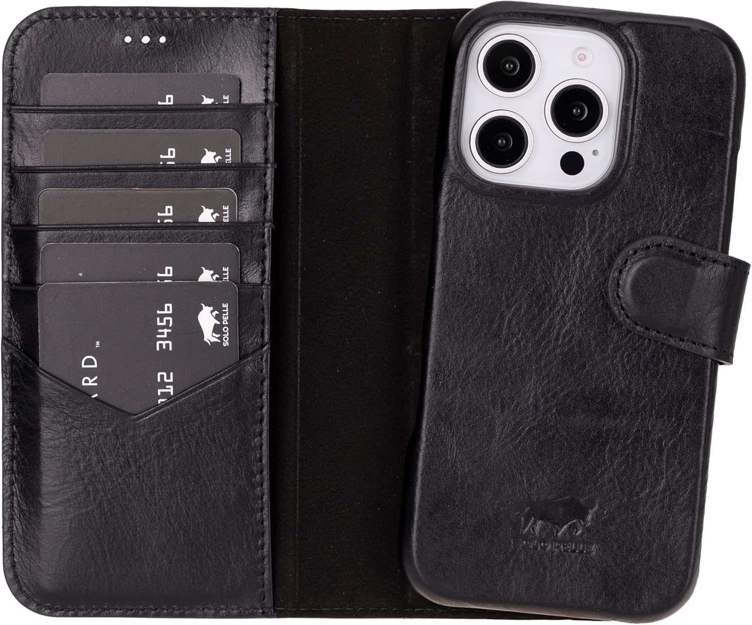 Solo Pelle Lederhülle kompatibel für iPhone 16 Pro in 6.3 Zoll abnehmbare Hülle (2in1) inkl. Kartenfächer geeignet für MagSafe Zubehör Schwarz Lifestyle