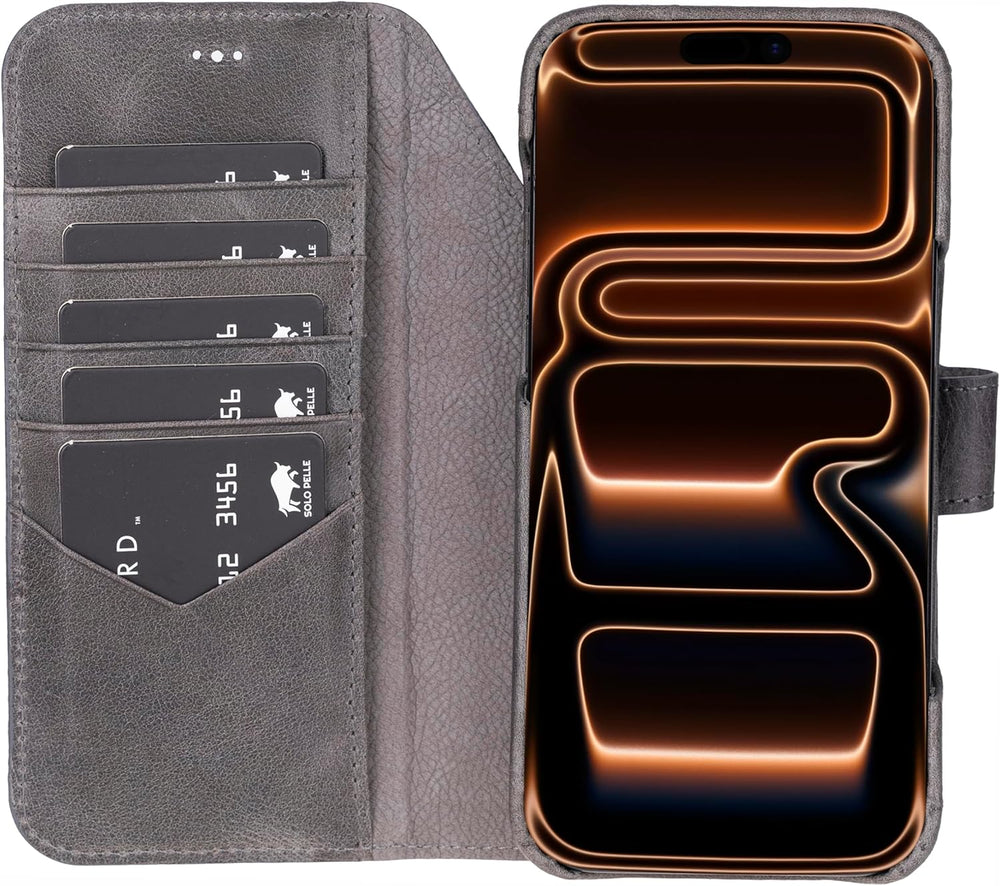 Solo Pelle Steingrau Lederhülle kompatibel für iPhone 17 Pro Max in 6.9 Zoll abnehmbare Hülle (2in1) inkl. Kartenfächer geeignet für MagSafe Zubehör