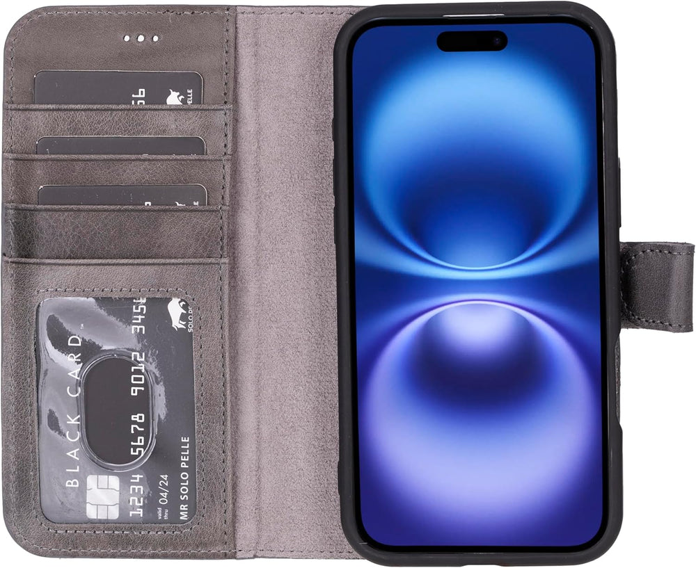 Solo Pelle Lederhülle kompatibel für iPhone 16 Plus in 6.7 Zoll abnehmbare Hülle (2in1) inkl. Kartenfächer geeignet für MagSafe Zubehör Steingrau