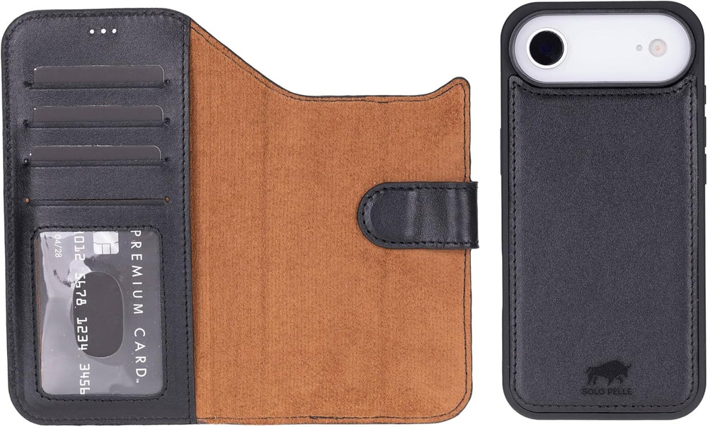 This Solo Pelle Schwarz Lederhülle kompatibel für iPhone Air in 6.5 Zoll abnehmbare Hülle (2in1) inkl. Kartenfächer geeignet für MagSafe Zubehör