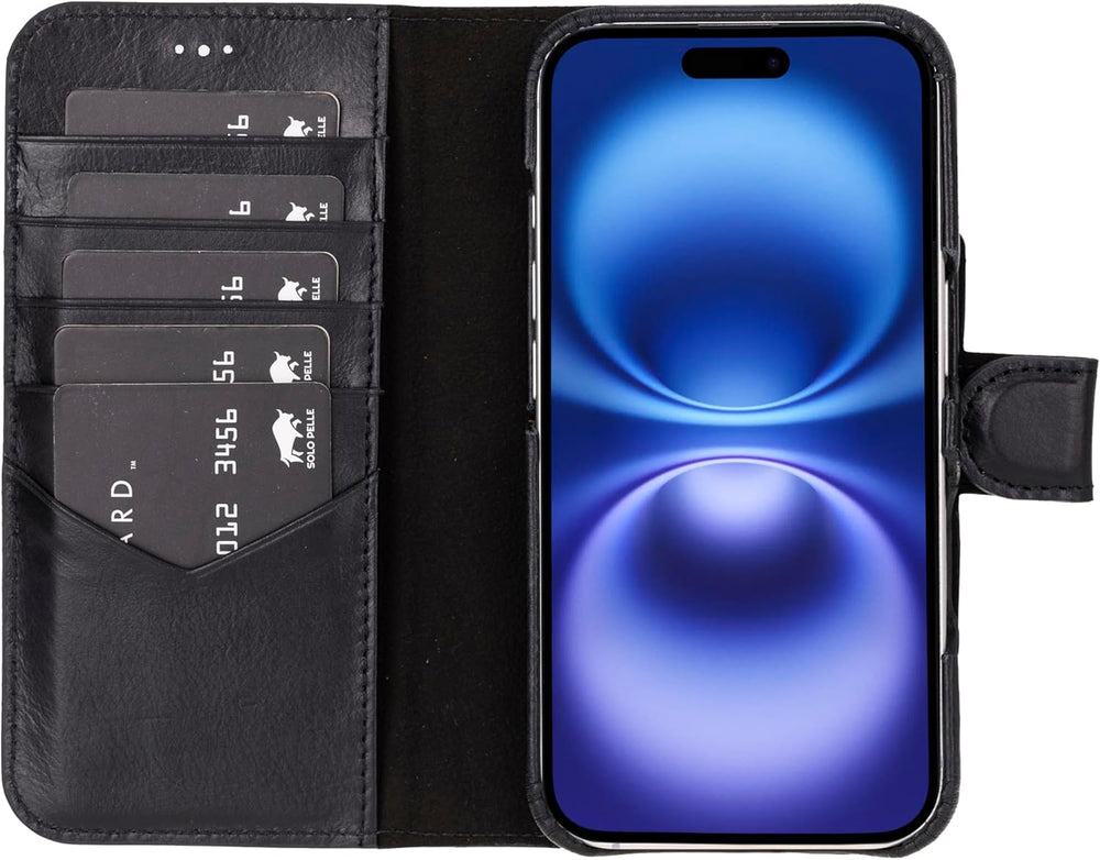 Solo Pelle Lederhülle kompatibel für iPhone 16 in 6.1 Zoll abnehmbare Hülle (2in1) inkl. Kartenfächer geeignet für MagSafe Zubehör Schwarz