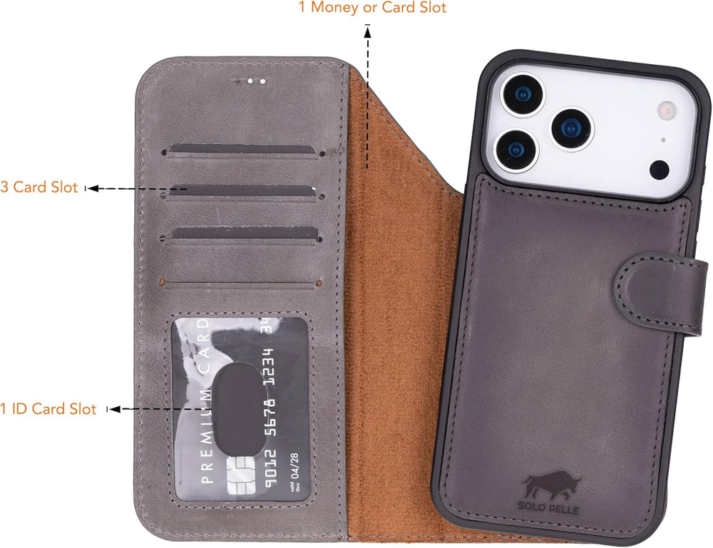 Solo Pelle Steingrau Lederhülle kompatibel für iPhone 17 Pro Max in 6.9 Zoll abnehmbare Hülle (2in1) inkl. Kartenfächer geeignet für MagSafe Zubehör