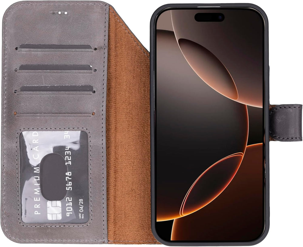 Solo Pelle Steingrau Lederhülle kompatibel für iPhone 17 Pro Max in 6.9 Zoll abnehmbare Hülle (2in1) inkl. Kartenfächer geeignet für MagSafe Zubehör