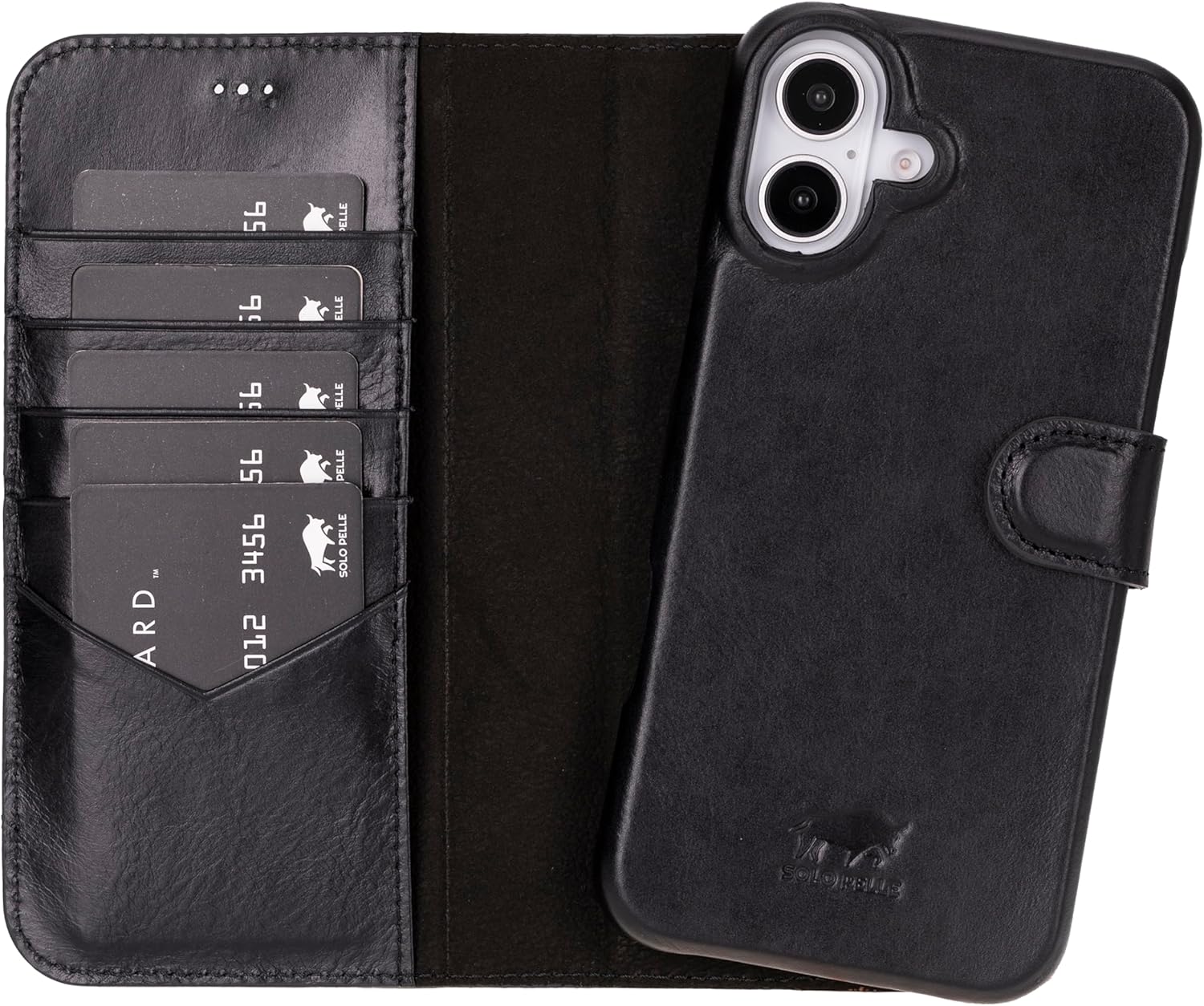 Solo Pelle Lederhülle kompatibel für iPhone 16 Plus in 6.7 Zoll abnehmbare Hülle (2in1) inkl. Kartenfächer geeignet für MagSafe Zubehör Schwarz Lifestyle
