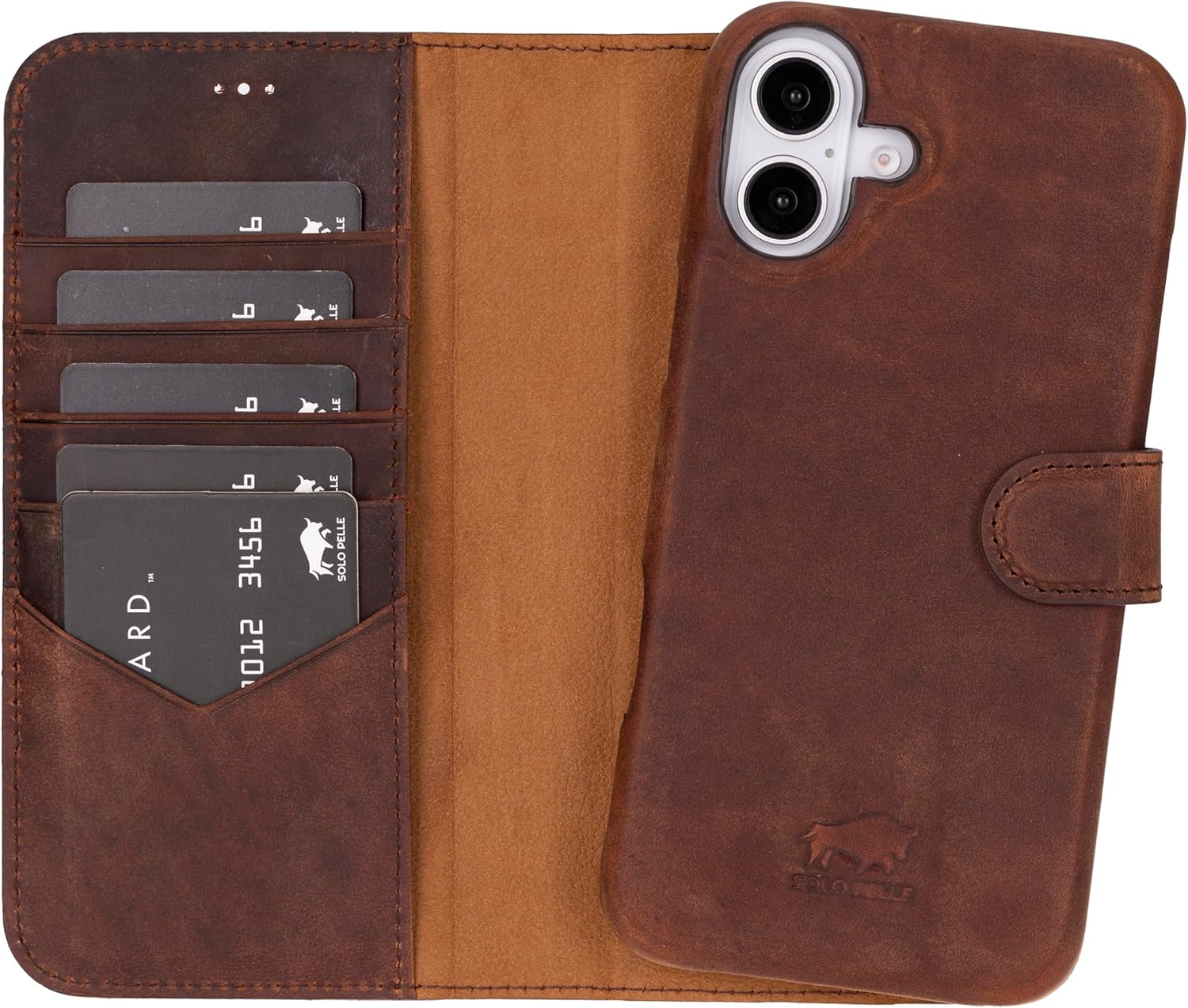 Solo Pelle Lederhülle kompatibel für iPhone 16 Plus in 6.7 Zoll abnehmbare Hülle (2in1) inkl. Kartenfächer geeignet für MagSafe Zubehör Vintage Braun Lifestyle