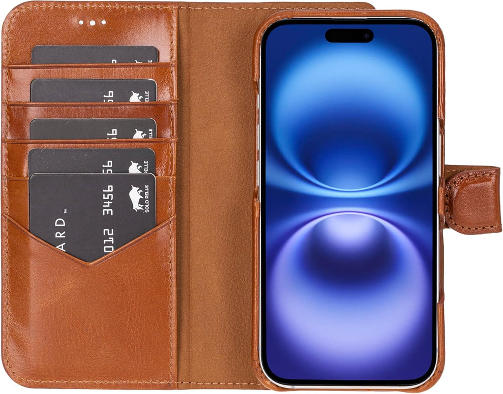 Solo Pelle Lederhülle kompatibel für iPhone 16 in 6.1 Zoll abnehmbare Hülle (2in1) inkl. Kartenfächer geeignet für MagSafe Zubehör Cognac Braun