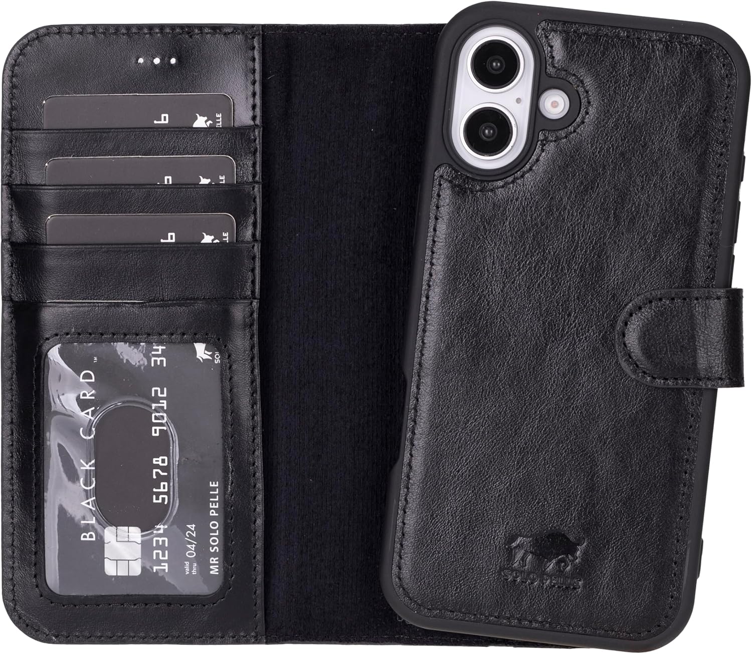 Solo Pelle Lederhülle kompatibel für iPhone 16 in 6.1 Zoll abnehmbare Hülle (2in1) inkl. Kartenfächer geeignet für MagSafe Zubehör Schwarz Lifestyle