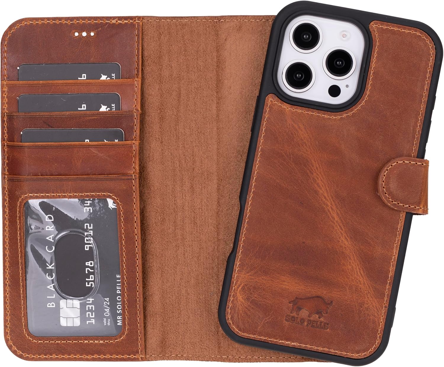 Solo Pelle Lederhülle kompatibel für iPhone 16 Pro Max in 6.9 Zoll abnehmbare Hülle (2in1) inkl. Kartenfächer geeignet für MagSafe Zubehör Camel Braun Lifestyle