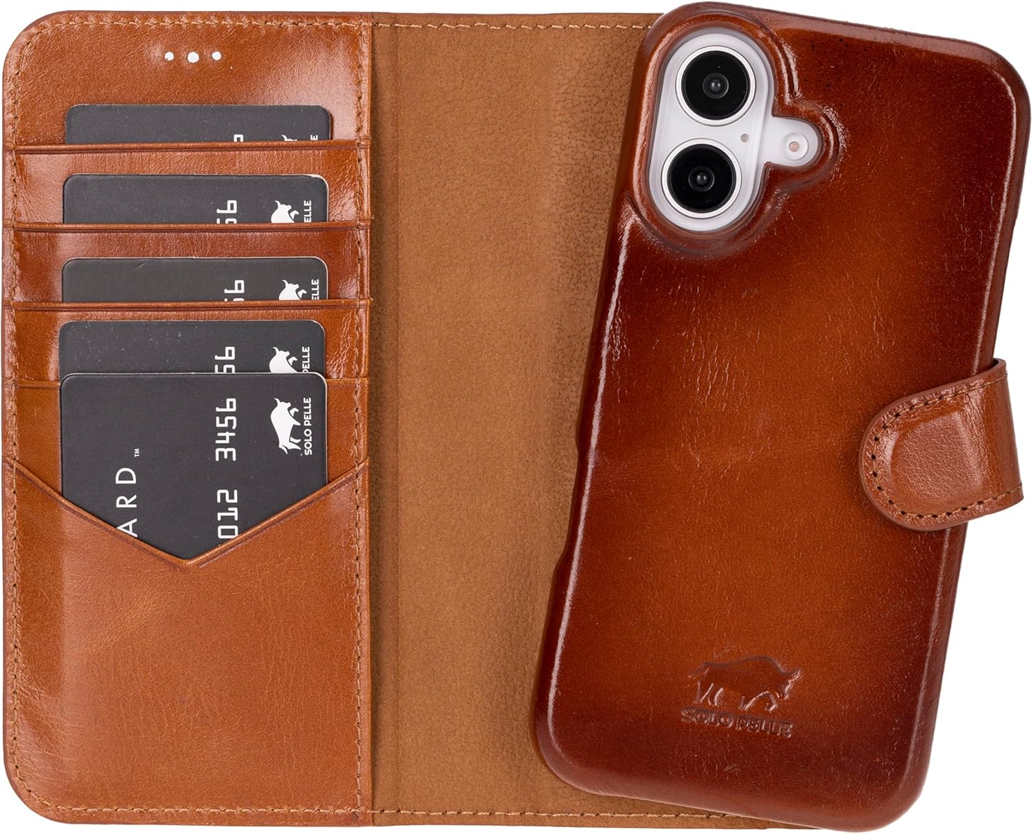 Solo Pelle Lederhülle kompatibel für iPhone 16 in 6.1 Zoll abnehmbare Hülle (2in1) inkl. Kartenfächer geeignet für MagSafe Zubehör Cognac Braun Lifestyle