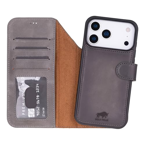 Solo Pelle Steingrau Lederhülle kompatibel für iPhone 17 Pro in 6.3 Zoll abnehmbare Hülle (2in1) inkl. Kartenfächer geeignet für MagSafe Zubehör Lifestyle