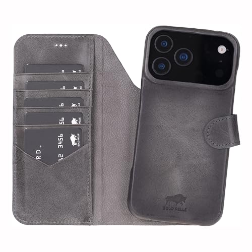 Solo Pelle Steingrau Lederhülle kompatibel für iPhone 17 Pro Max in 6.9 Zoll abnehmbare Hülle (2in1) inkl. Kartenfächer geeignet für MagSafe Zubehör Lifestyle