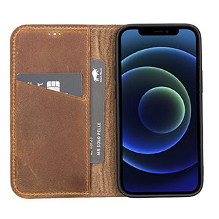 Solo Pelle aufklappbare Lederhülle kompatibel für iPhone 13 Mini in 5.4 Zoll inkl. 1 Kartenfach für das original Apple iPhone 13 Mini (Camel Braun)