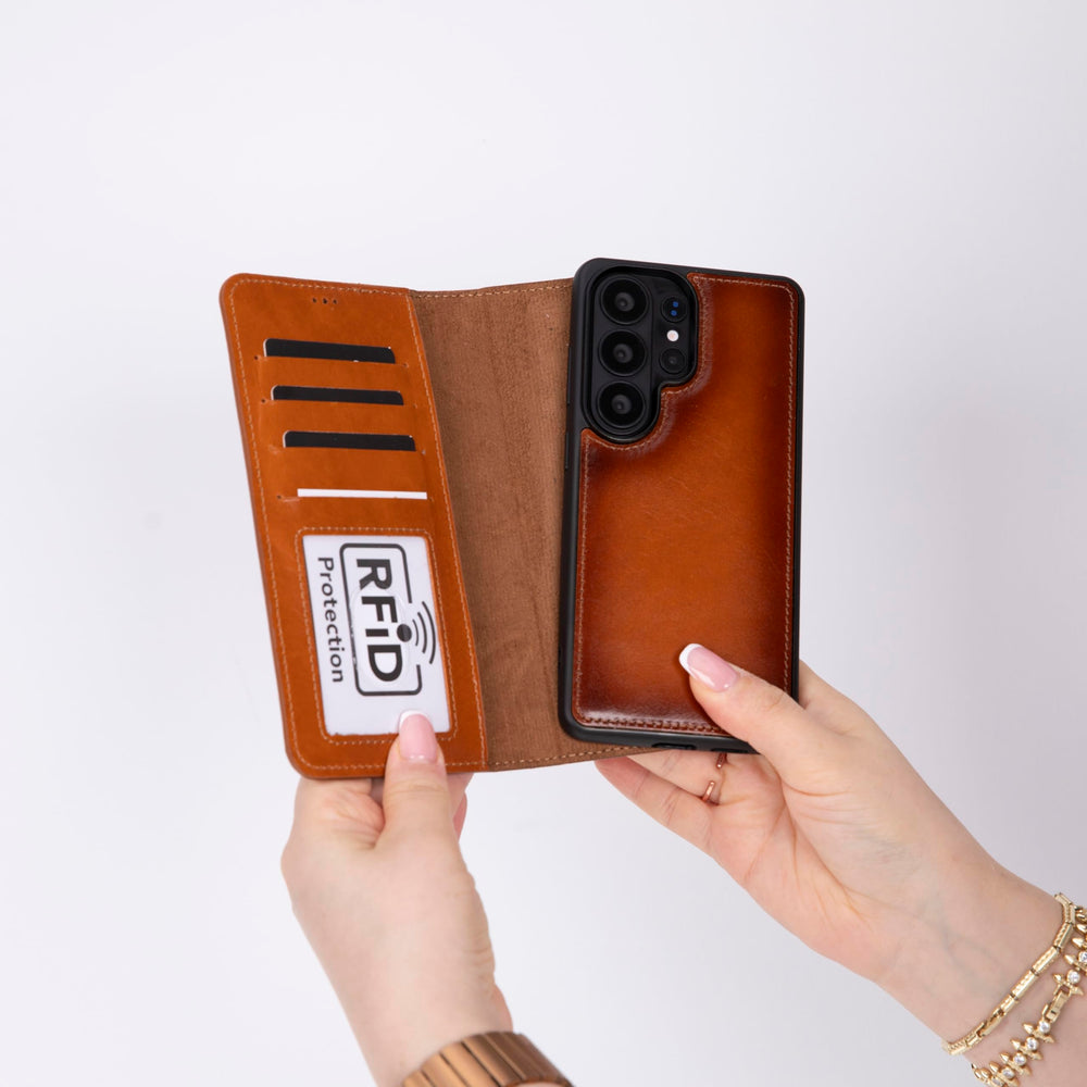 Solo Pelle Harvard Echtleder Hülle kompatibel mit Samsung Galaxy S26 Ultra – Magnetische 2 in 1 Wallet Handyhülle mit abnehmbarem Backcover, Kartenfächern & RFID Schutz – Cognac Braun