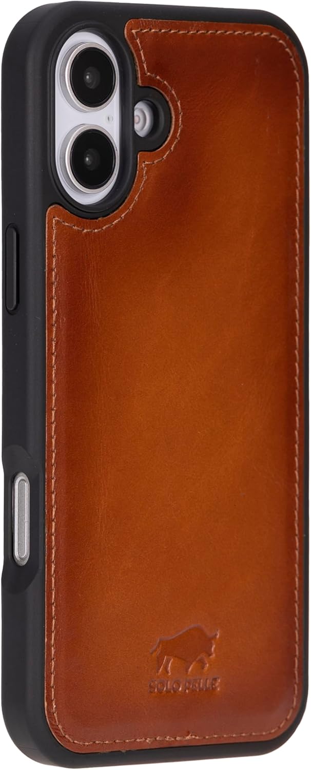 Solo Pelle Lederhülle für das iPhone 16 Plus in 6.7 Zoll Stanford Case Leder Hülle Ledertasche Backcover aus echtem Leder geeignet für MagSafe Zubehör Cognac Braun