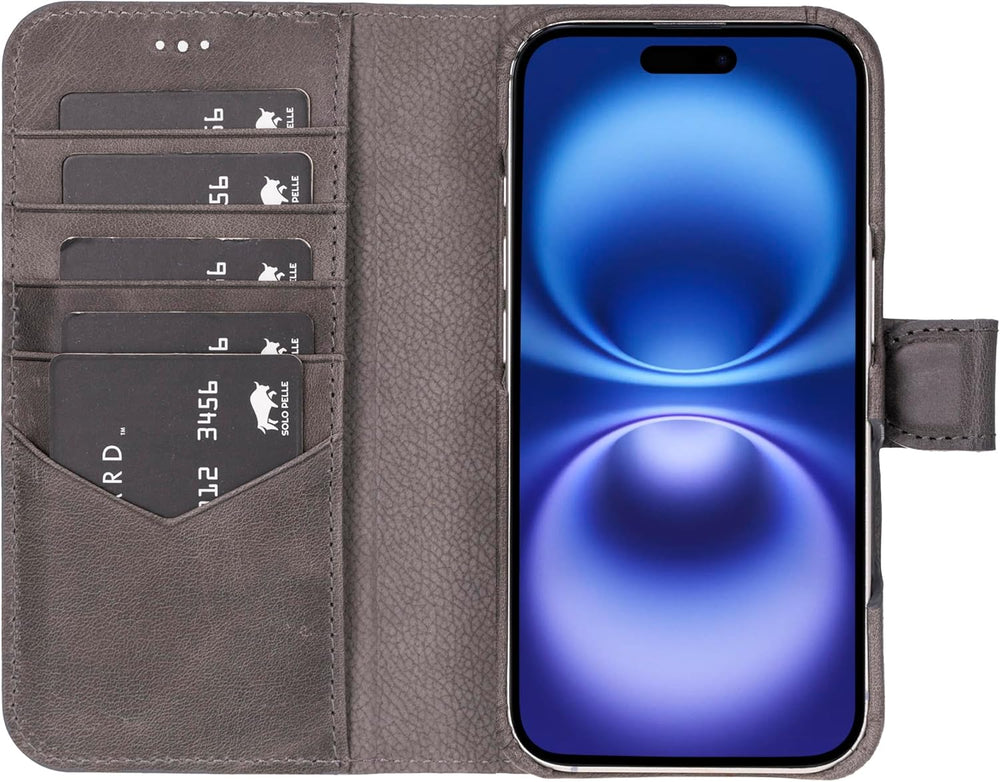Solo Pelle Lederhülle kompatibel für iPhone 16 in 6.1 Zoll abnehmbare Hülle (2in1) inkl. Kartenfächer geeignet für MagSafe Zubehör Steingrau
