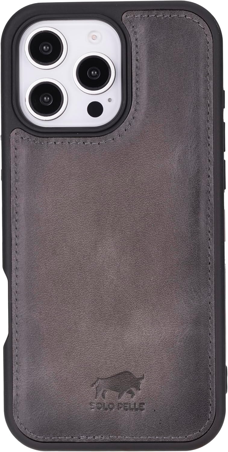 Solo Pelle Lederhülle für das iPhone 16 Pro Max in 6.9 Zoll Stanford Case Leder Hülle Ledertasche Backcover aus echtem Leder geeignet für MagSafe Zubehör Steingrau