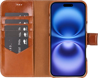 Solo Pelle Lederhülle kompatibel für iPhone 16 Plus in 6.7 Zoll abnehmbare Hülle (2in1) inkl. Kartenfächer geeignet für MagSafe Zubehör Cognac Braun