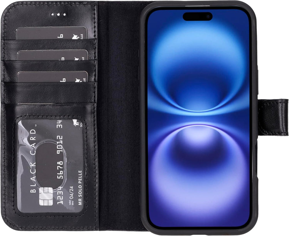 Solo Pelle Lederhülle kompatibel für iPhone 16 in 6.1 Zoll abnehmbare Hülle (2in1) inkl. Kartenfächer geeignet für MagSafe Zubehör Schwarz