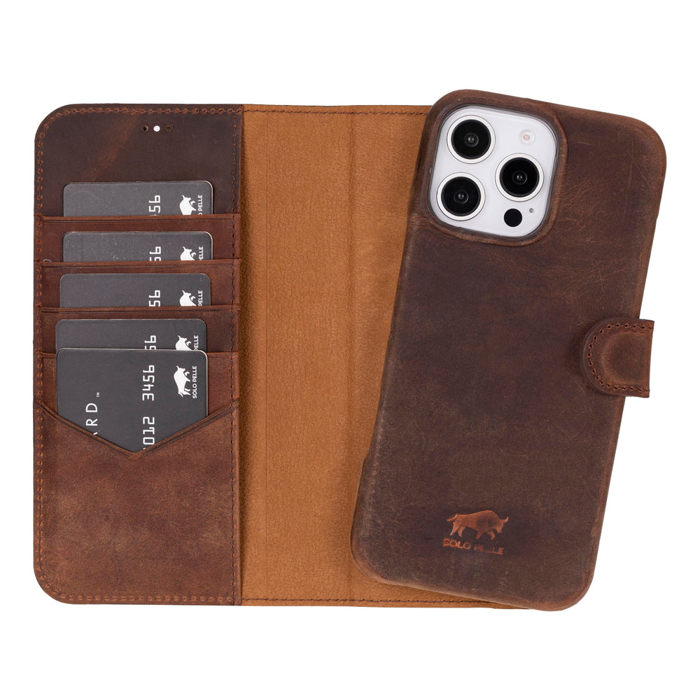 Solo Pelle Lederhülle kompatibel für iPhone 16 Pro Max in 6.9 Zoll abnehmbare Hülle (2in1) inkl. Kartenfächer geeignet für MagSafe Zubehör Vintage Braun