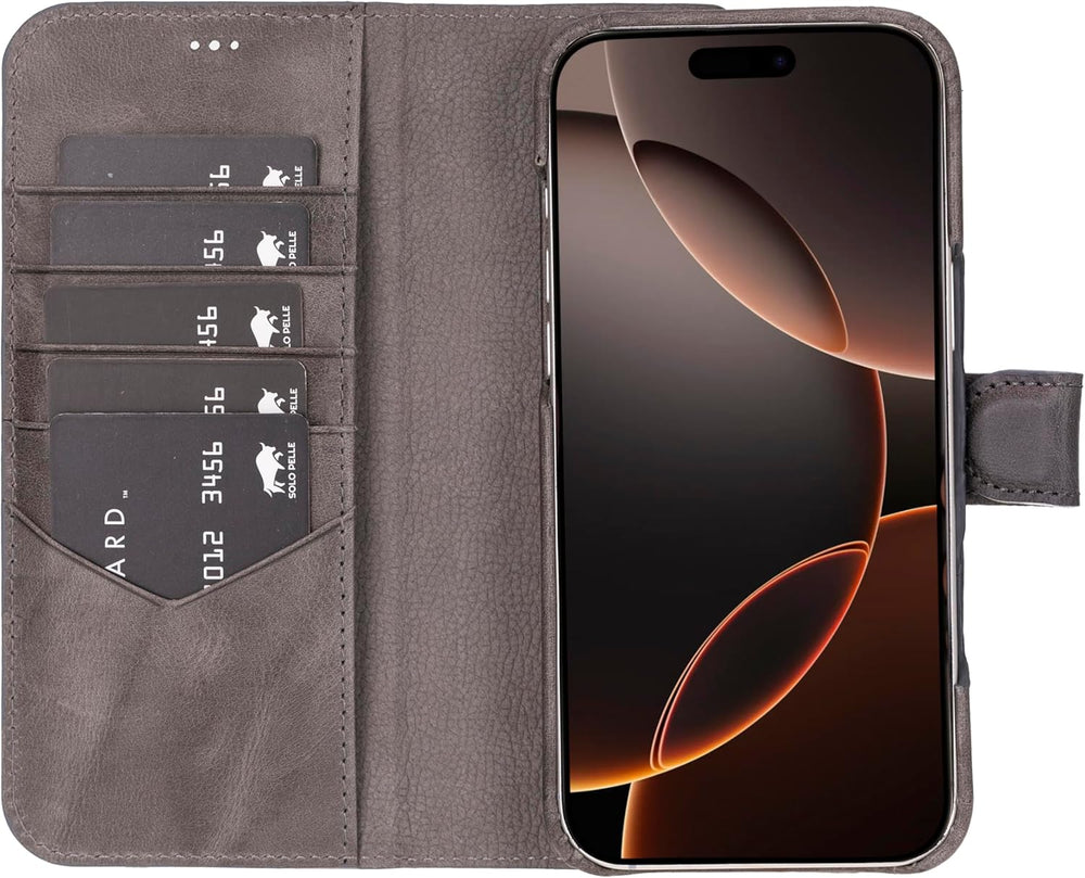 Solo Pelle Lederhülle kompatibel für iPhone 16 Pro Max in 6.9 Zoll abnehmbare Hülle (2in1) inkl. Kartenfächer geeignet für MagSafe Zubehör Steingrau