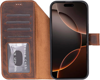 Solo Pelle Vintage Braun Lederhülle kompatibel für iPhone 17 Pro in 6.3 Zoll abnehmbare Hülle (2in1) inkl. Kartenfächer geeignet für MagSafe Zubehör