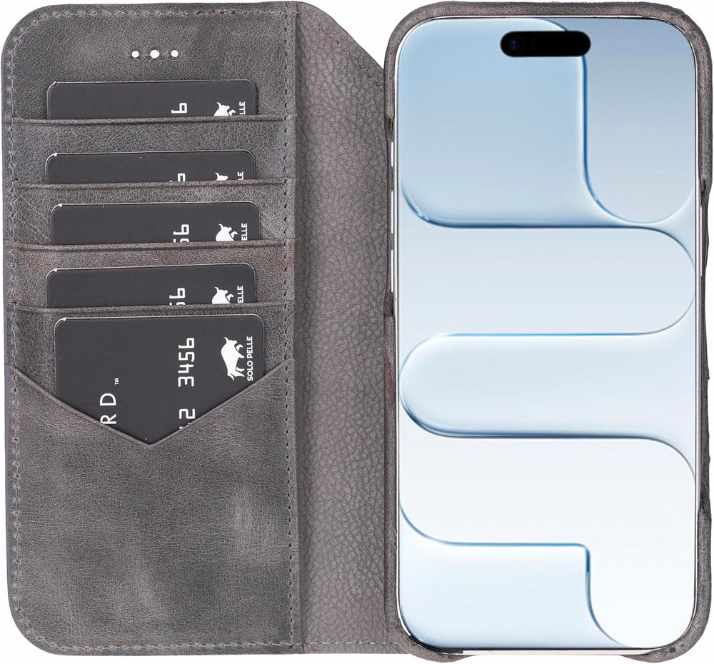 Solo Pelle Steingrau Lederhülle kompatibel für iPhone Air in 6.5 Zoll abnehmbare Hülle (2in1) inkl. Kartenfächer geeignet für MagSafe Zubehör