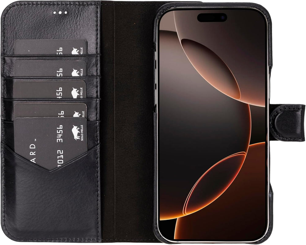 Solo Pelle Lederhülle kompatibel für iPhone 16 Pro Max in 6.9 Zoll abnehmbare Hülle (2in1) inkl. Kartenfächer geeignet für MagSafe Zubehör Schwarz