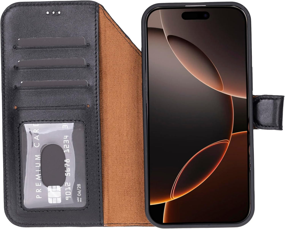 Solo Pelle Schwarz Lederhülle kompatibel für iPhone 17 Pro Max in 6.9 Zoll abnehmbare Hülle (2in1) inkl. Kartenfächer geeignet für MagSafe Zubehör