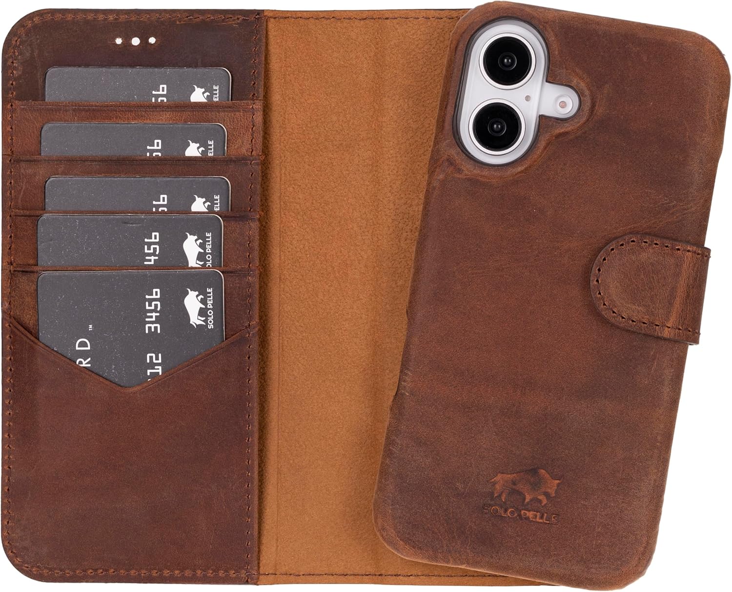 Solo Pelle Lederhülle kompatibel für iPhone 16 in 6.1 Zoll abnehmbare Hülle (2in1) inkl. Kartenfächer geeignet für MagSafe Zubehör Vintage Braun Lifestyle