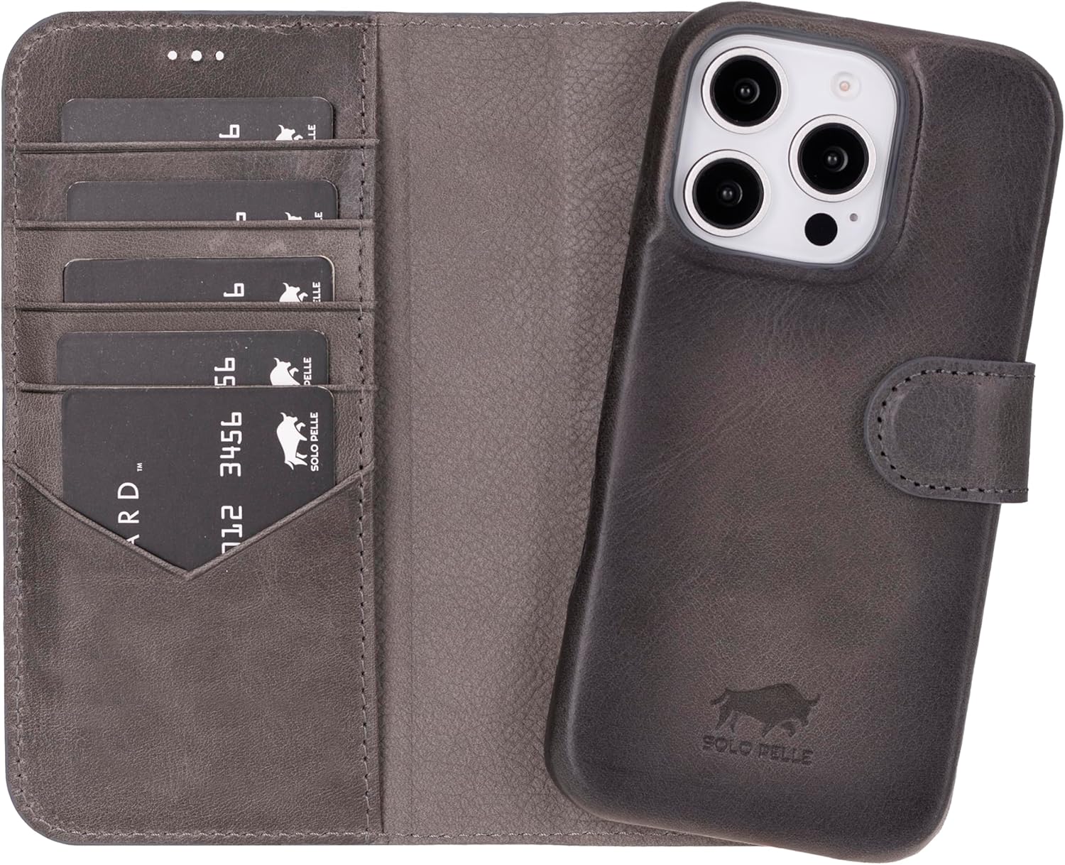 Solo Pelle Lederhülle kompatibel für iPhone 16 Pro in 6.3 Zoll abnehmbare Hülle (2in1) inkl. Kartenfächer geeignet für MagSafe Zubehör Steingrau Lifestyle