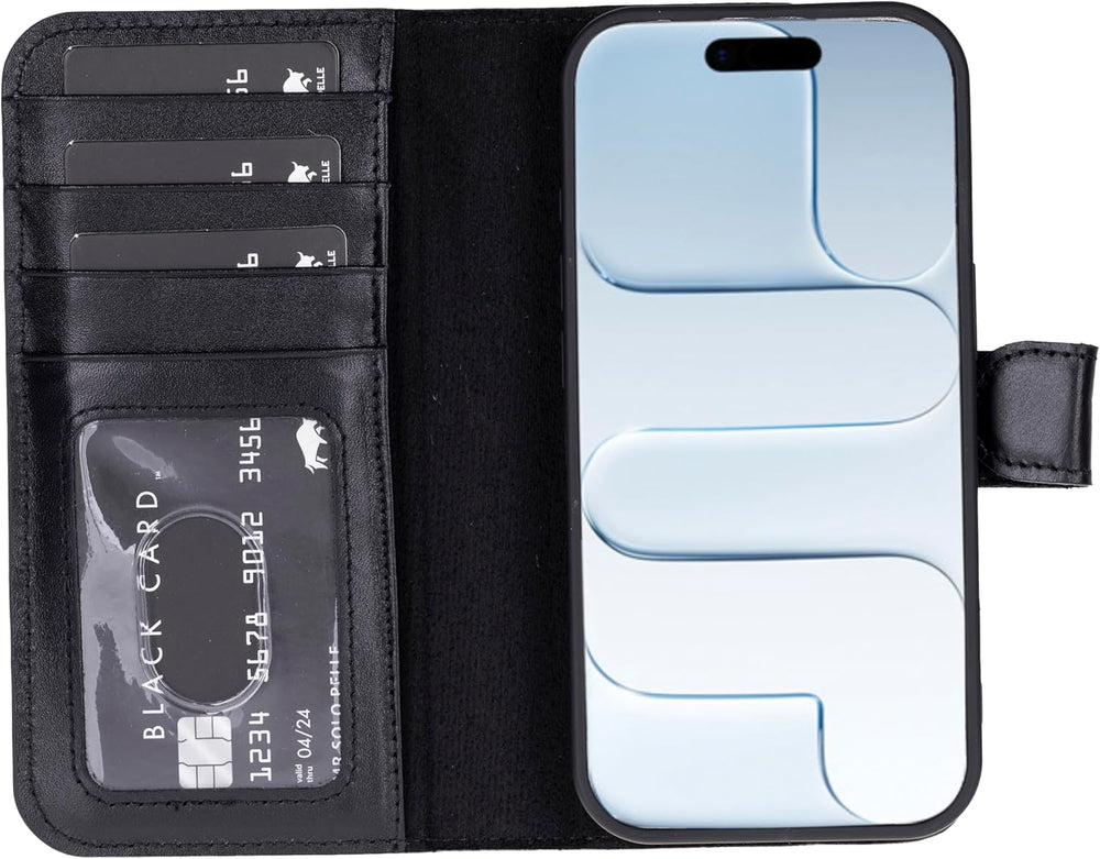 Solo Pelle Schwarz, Lederhülle kompatibel für iPhone 17 in 6.3 Zoll abnehmbare Hülle (2in1) inkl. Kartenfächer geeignet für MagSafe Zubehör