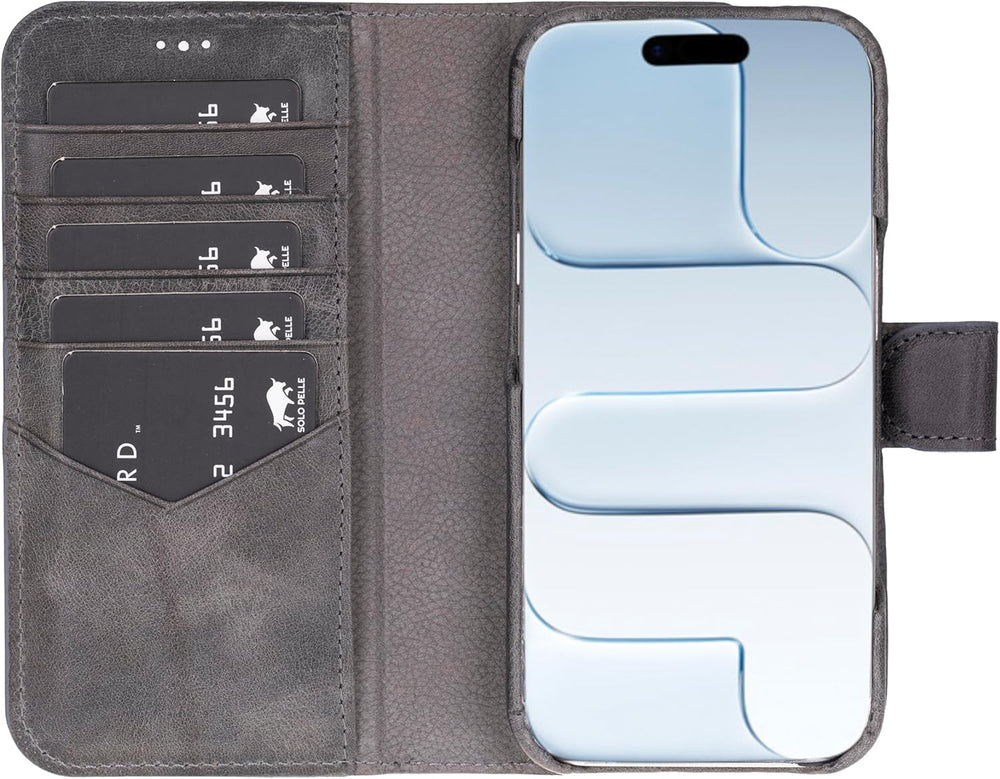 Steingrau Braun Braun Solo Pelle Lederhülle kompatibel für iPhone 17 in 6.3 Zoll abnehmbare Hülle (2in1) inkl. Kartenfächer geeignet für MagSafe Zubehör
