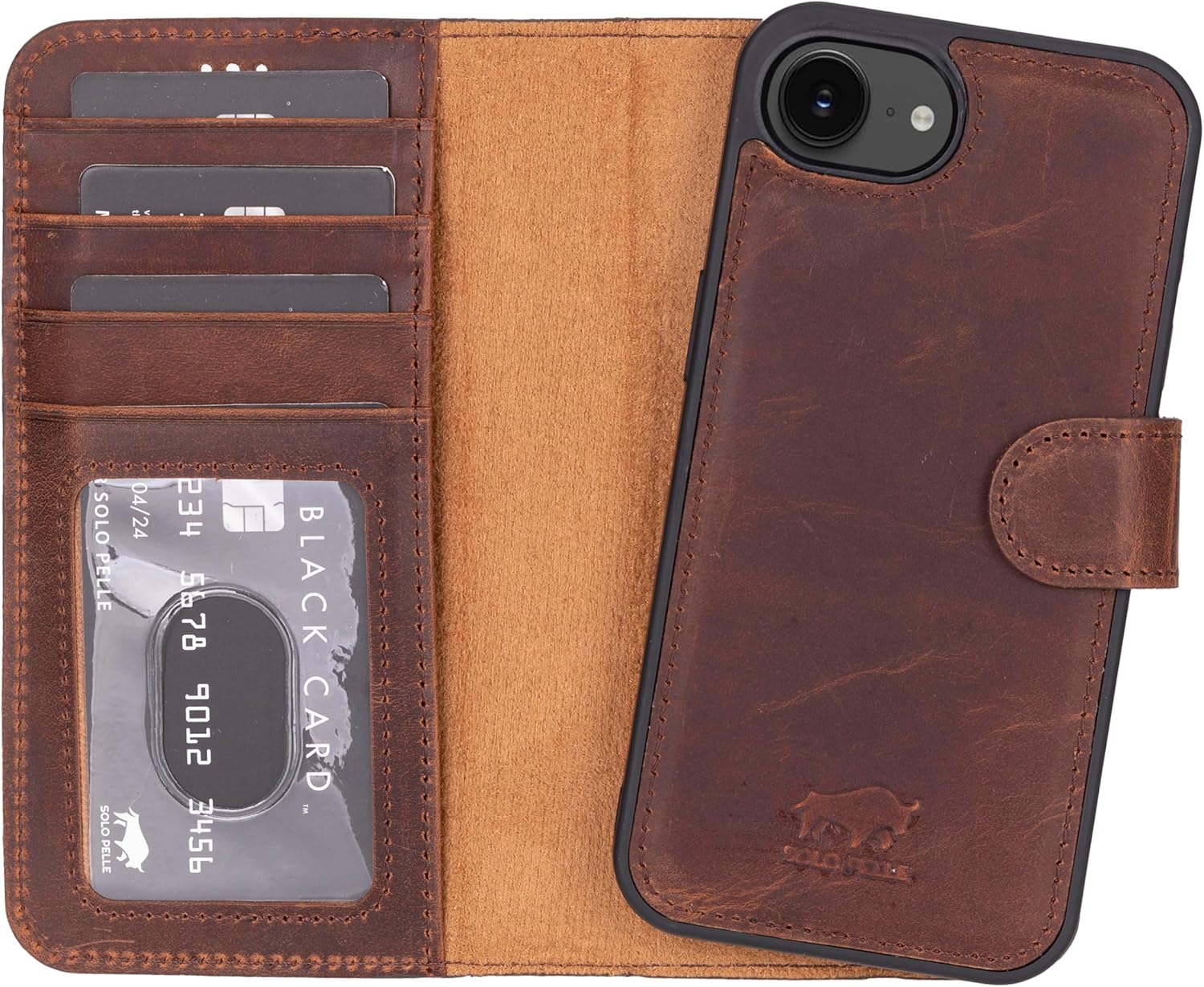 Solo Pelle Lederhülle kompatibel für iPhone 16e in 6.1 Zoll Vintage Braun abnehmbare Hülle (2in1) inkl. Kartenfächer geeignet für MagSafe Zubehör Lifestyle
