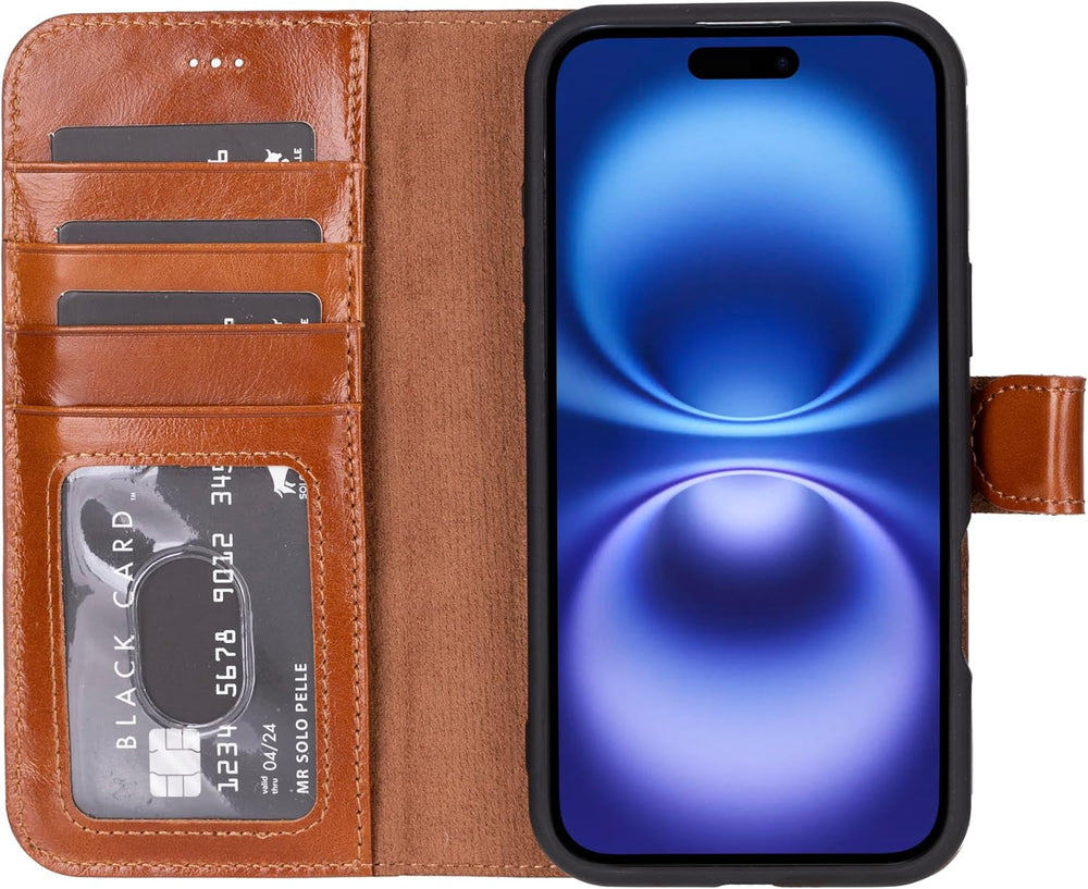 Solo Pelle Lederhülle kompatibel für iPhone 16 in 6.1 Zoll abnehmbare Hülle (2in1) inkl. Kartenfächer geeignet für MagSafe Zubehör Cognac Braun