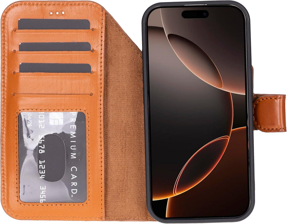 Solo Pelle Cognac Braun Lederhülle kompatibel für iPhone 17 Pro in 6.3 Zoll abnehmbare Hülle (2in1) inkl. Kartenfächer geeignet für MagSafe Zubehör