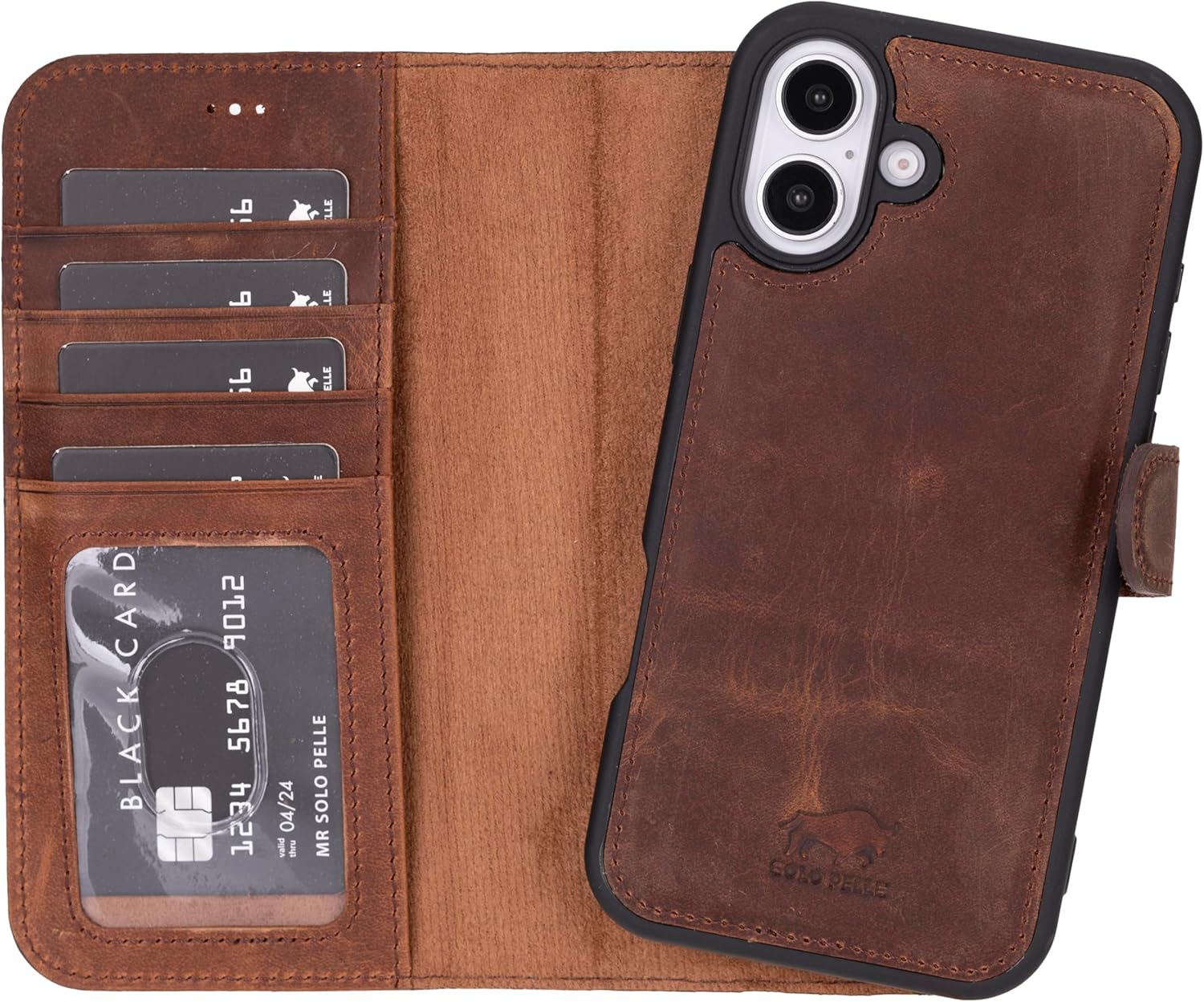 Solo Pelle Lederhülle kompatibel für iPhone 16 Plus in 6.7 Zoll abnehmbare Hülle (2in1) inkl. Kartenfächer geeignet für MagSafe Zubehör Vintage Braun Lifestyle
