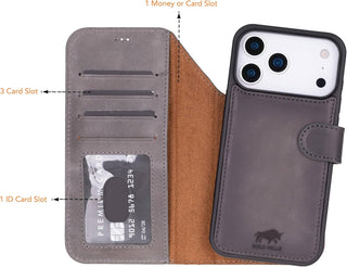 Solo Pelle Steingrau Lederhülle kompatibel für iPhone 17 Pro Max in 6.9 Zoll abnehmbare Hülle (2in1) inkl. Kartenfächer geeignet für MagSafe Zubehör